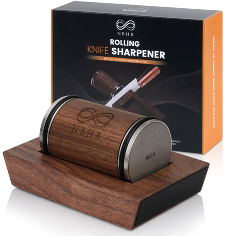 NBHR rolling knife sharpener base on walnut platform delivers stable sharpening.