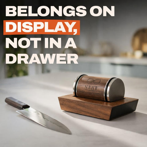 NBHR walnut base with magnets stabilizes blades during sharpening.