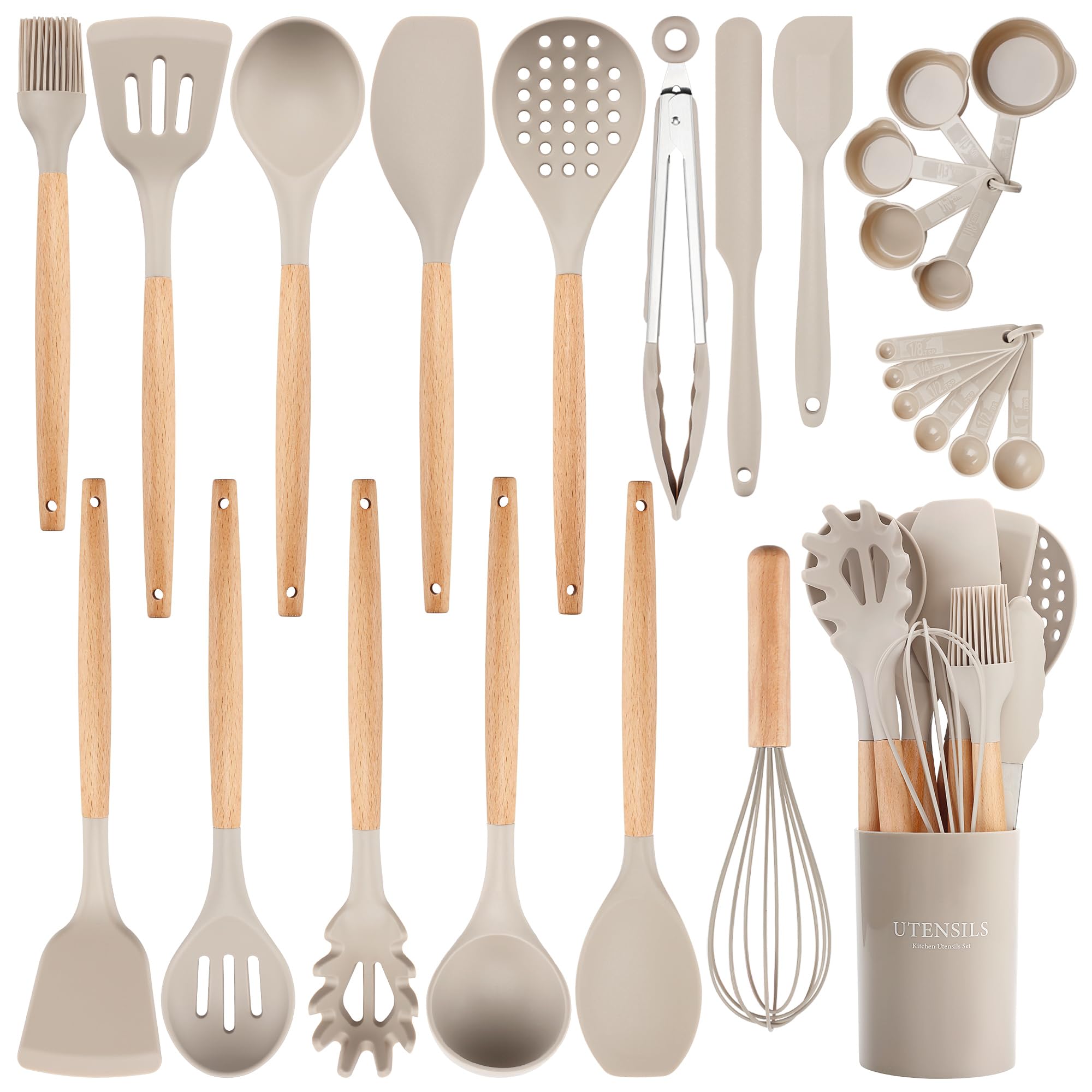 NCUE 26-piece silicone utensils set with holder for organized cooking.