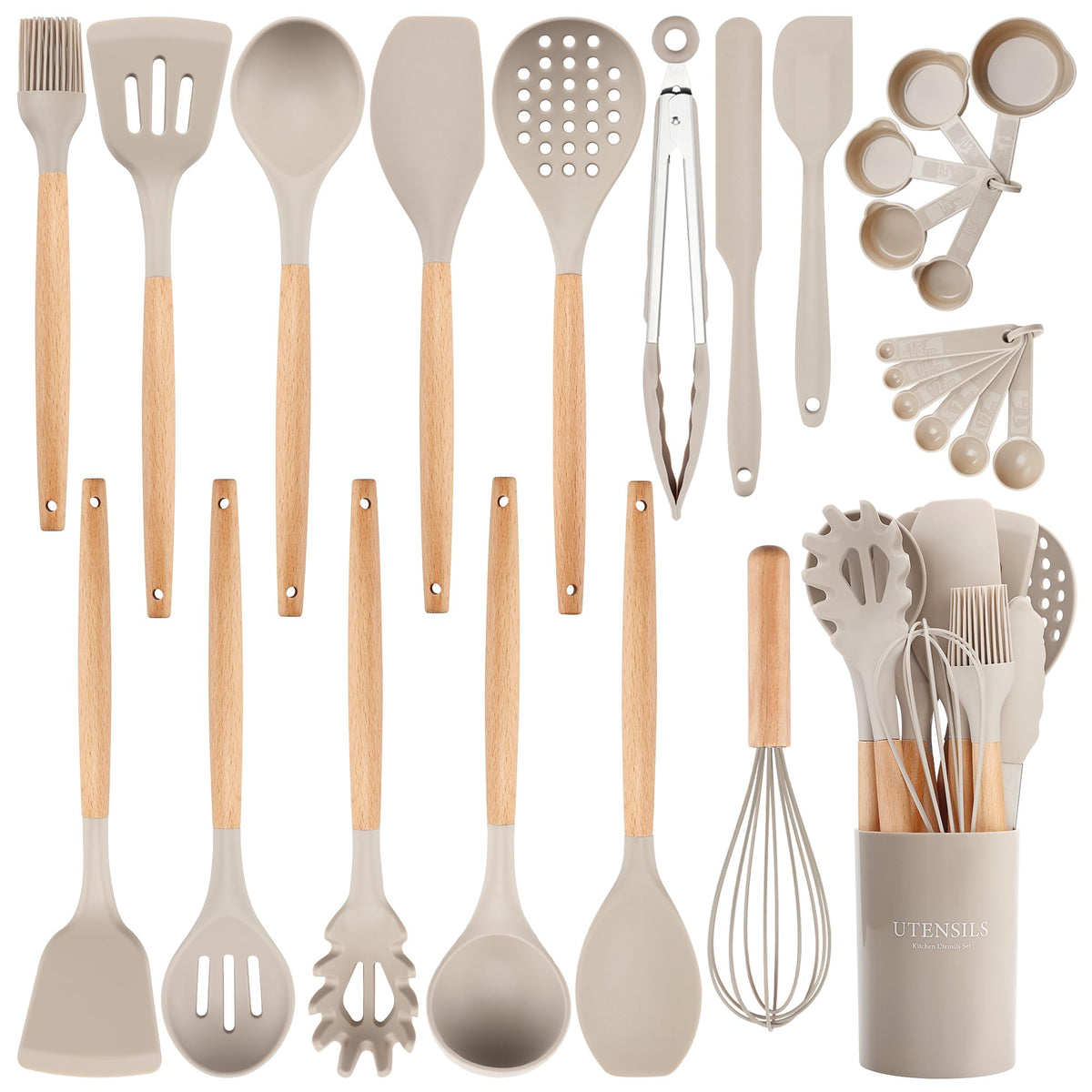 NCUE 26-piece silicone utensils set with holder for organized cooking.