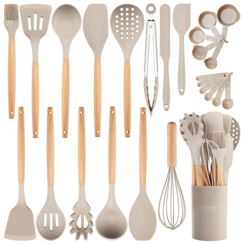 NCUE 26-piece silicone utensils set with holder for organized cooking.