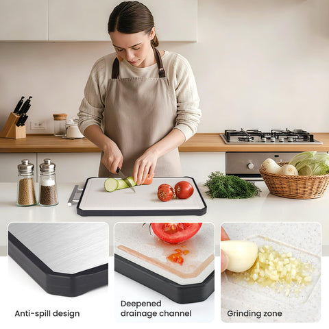 NCUE cutting board includes a drainage groove to prevent spills