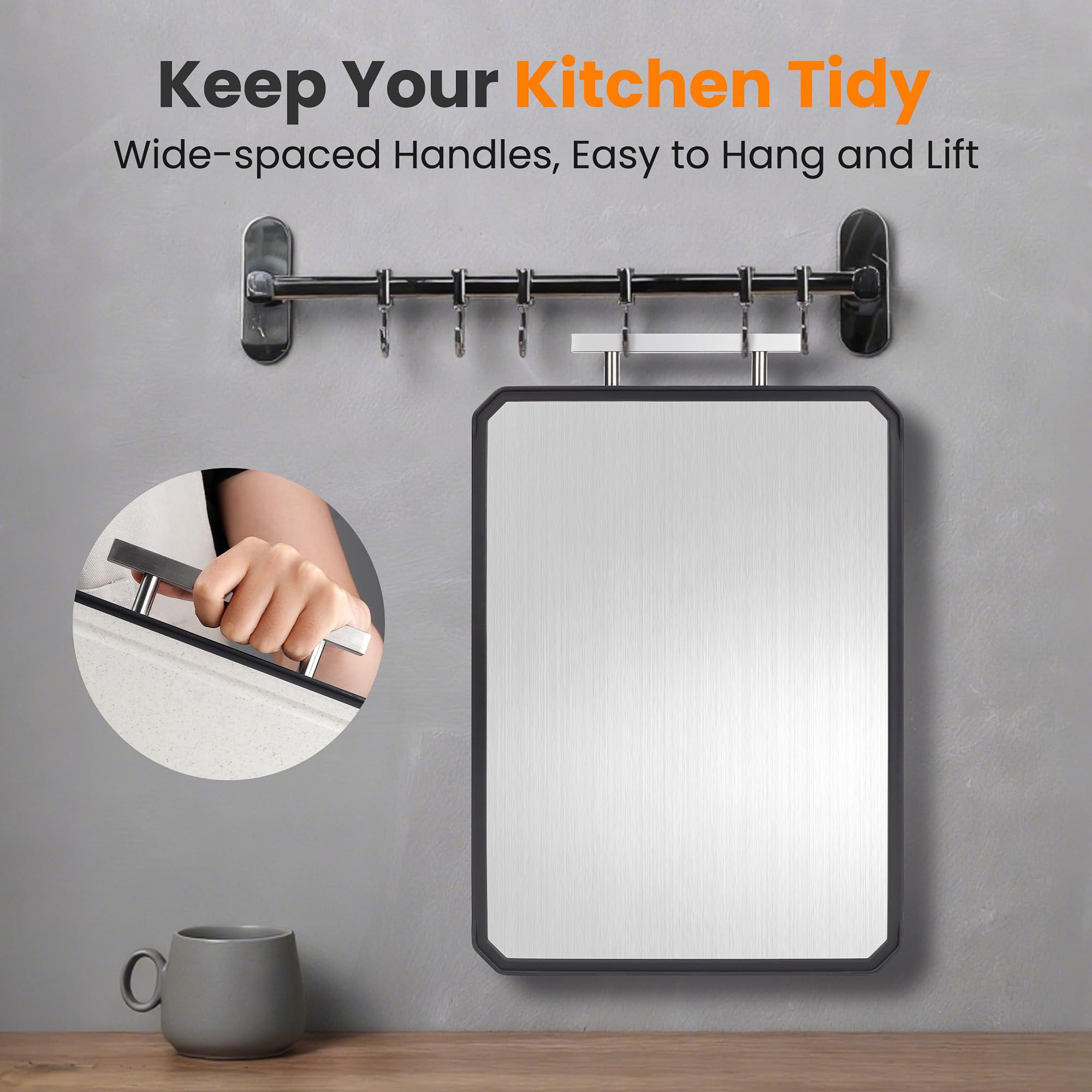 NCUE cutting board has a stainless steel handle for hanging and draining after washing