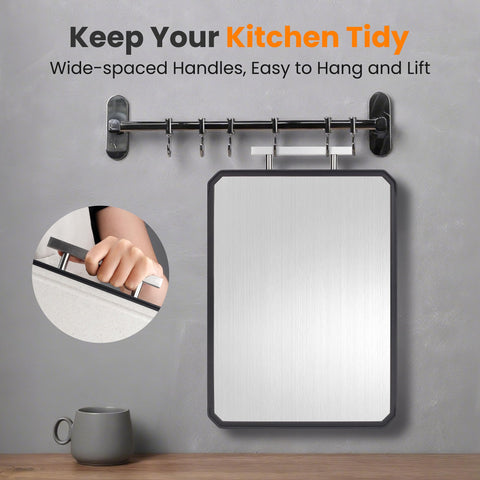 NCUE cutting board has a stainless steel handle for hanging and draining after washing