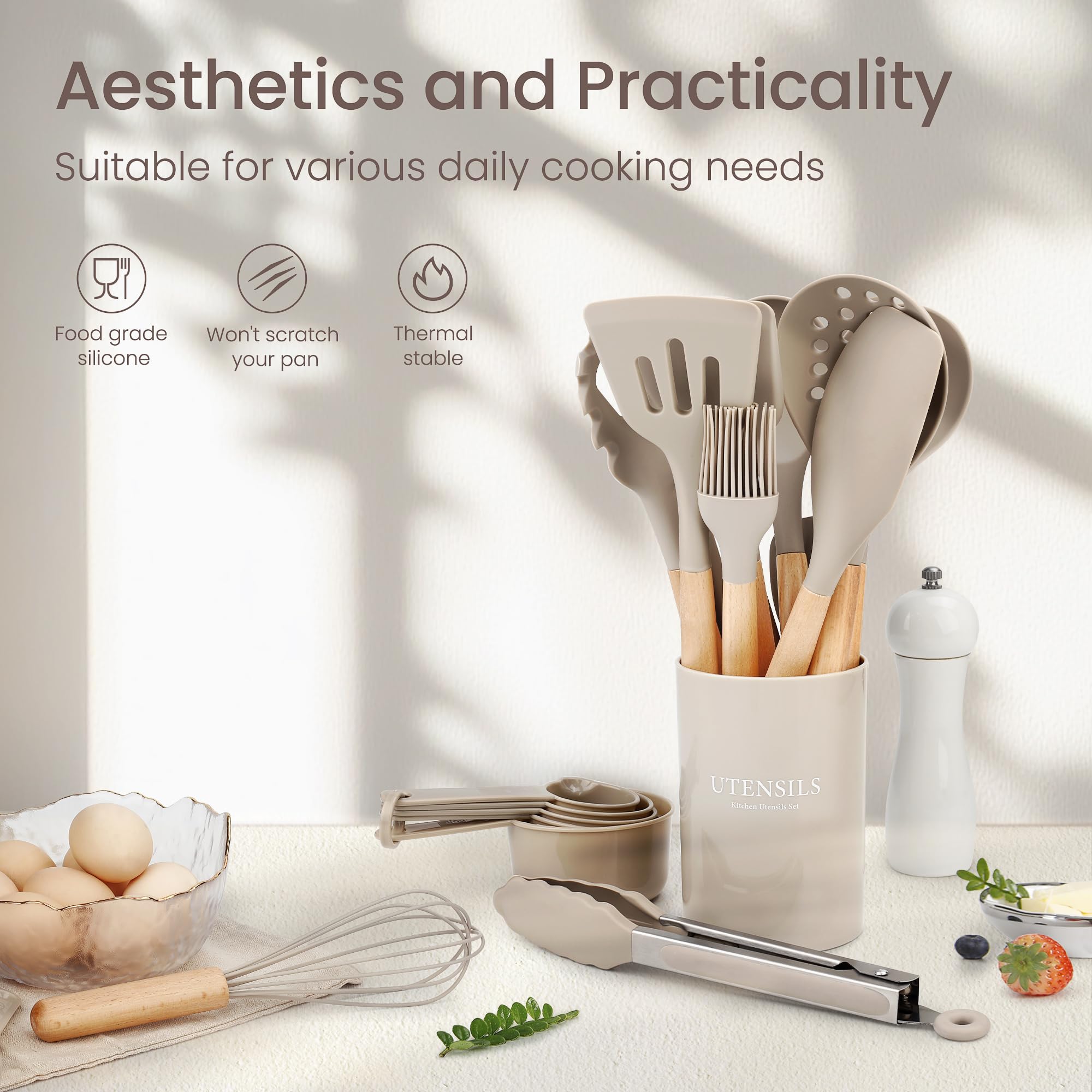 NCUE heat-resistant silicone utensils up to 446°F protect pans.