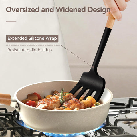 NCUE slotted turner for gentle flipping and pan protection.
