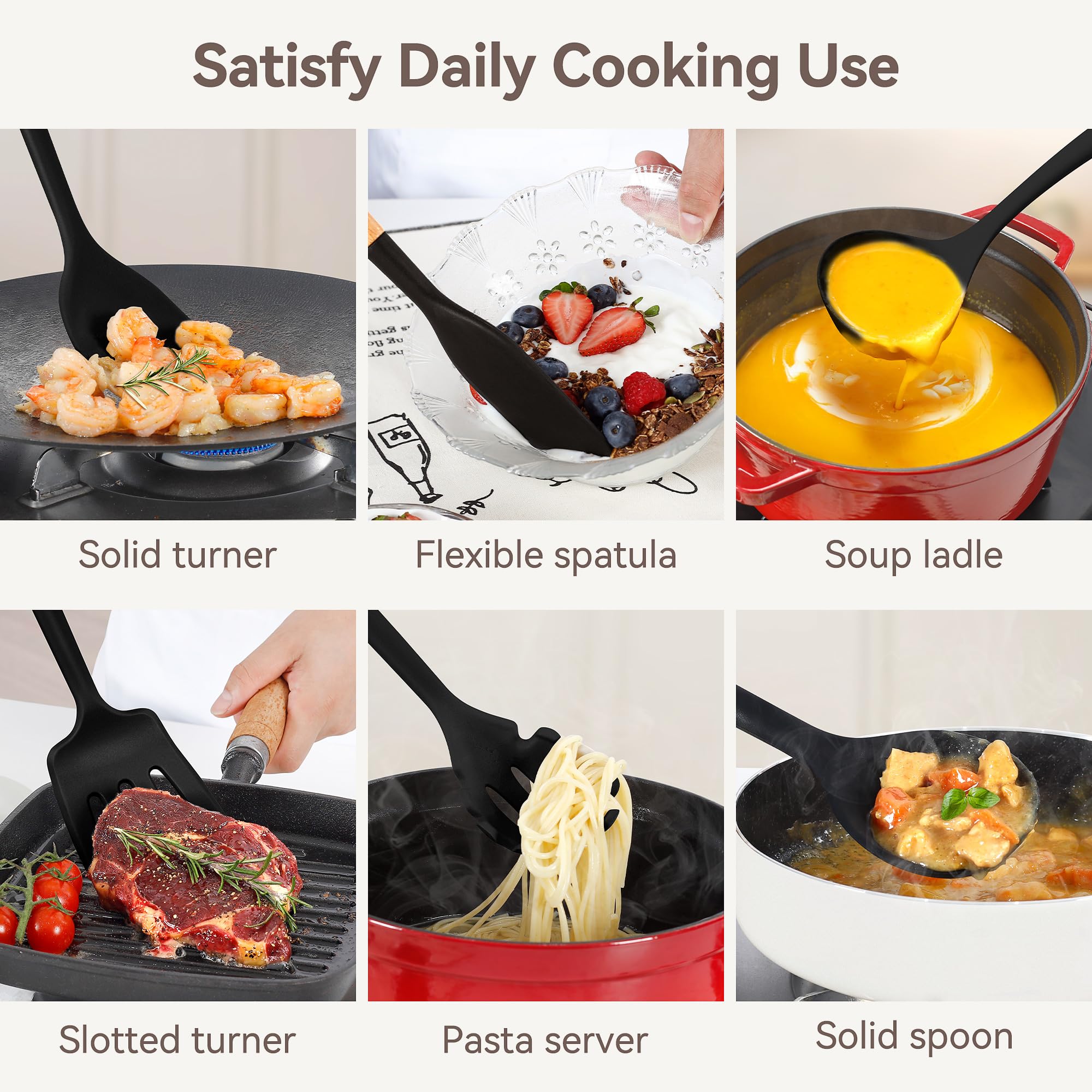 NCUE kitchen utensil set with wooden handles and heat resistance.