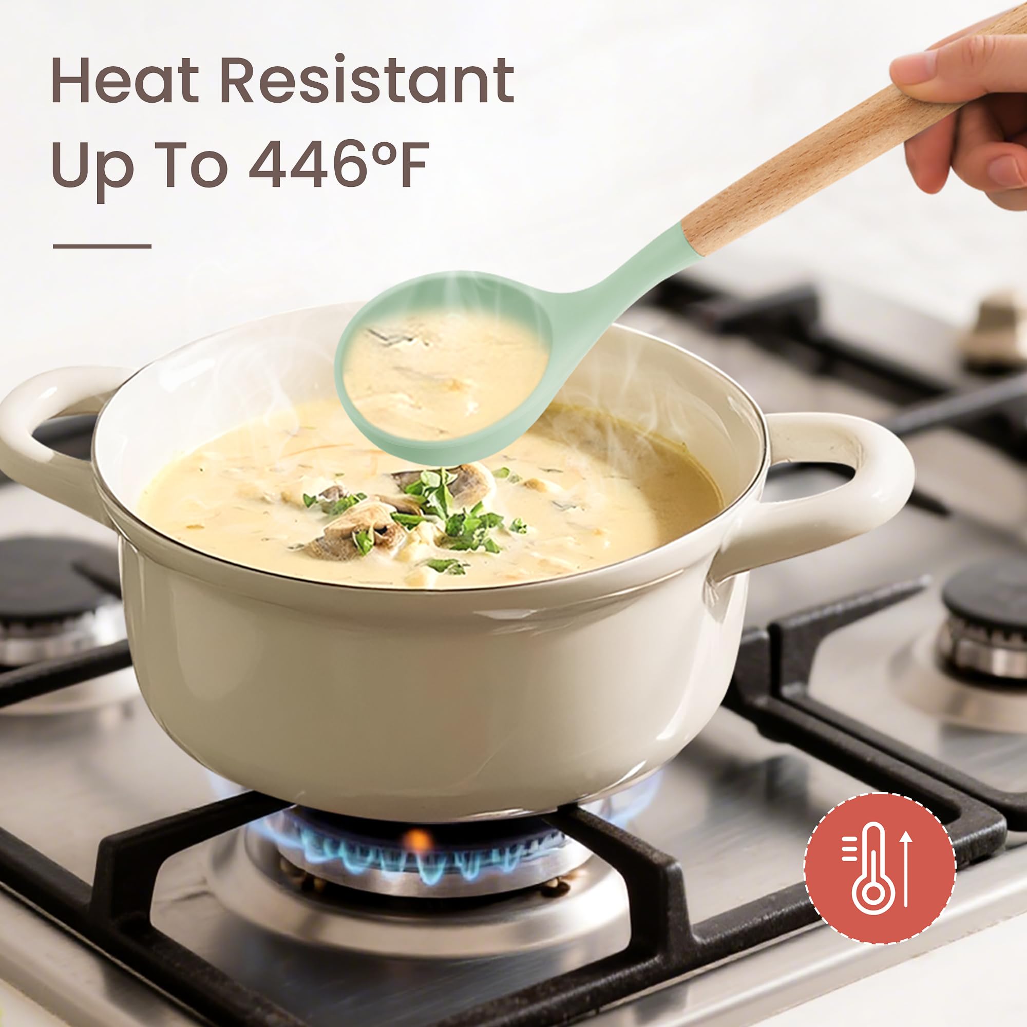 NCUE serving spoon showcases smooth silicone surface ideal for sauces and mixing