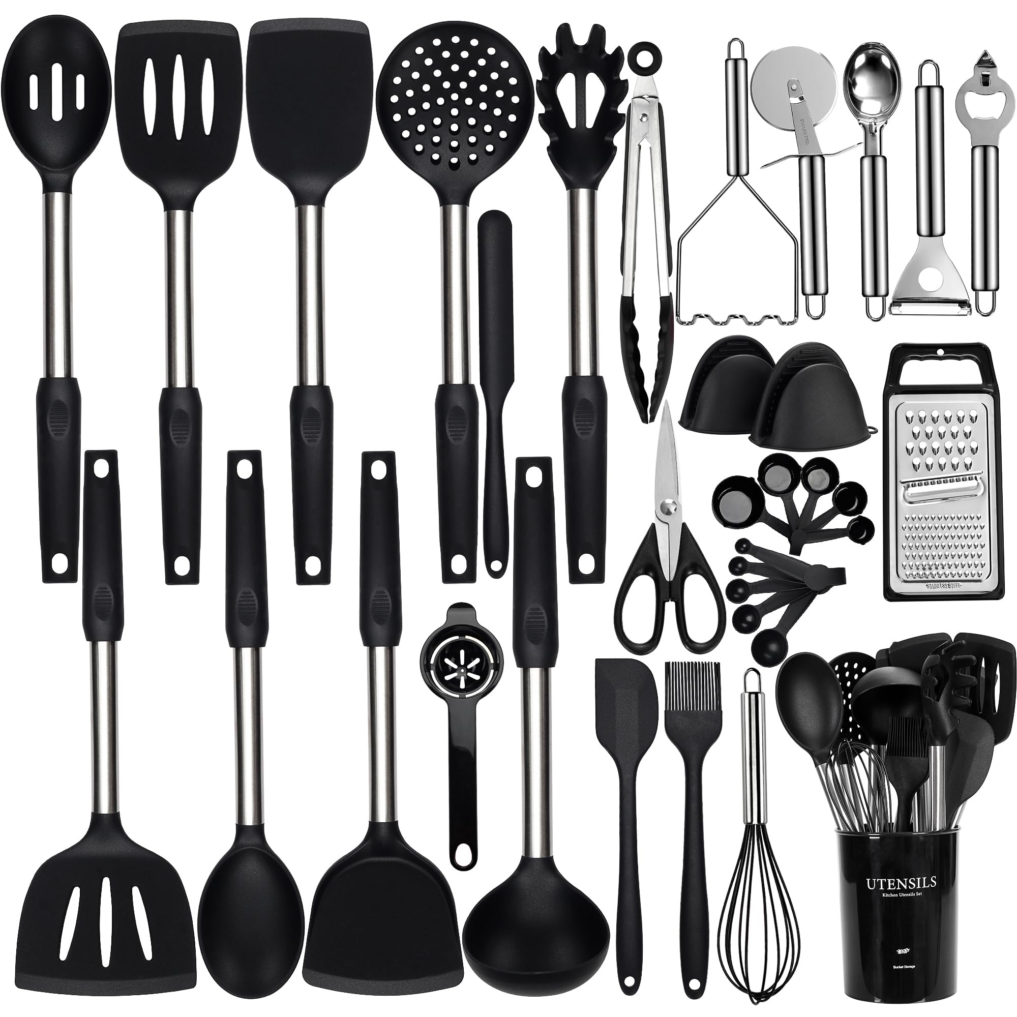 NCUE silicone cooking utensils with holder; durable 35-piece set for everyday cooking.