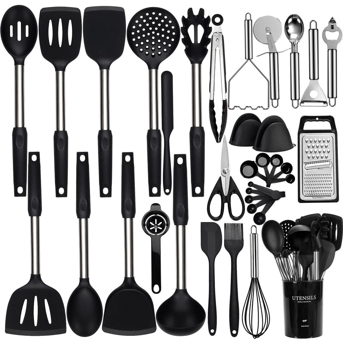 NCUE silicone cooking utensils with holder; durable 35-piece set for everyday cooking.