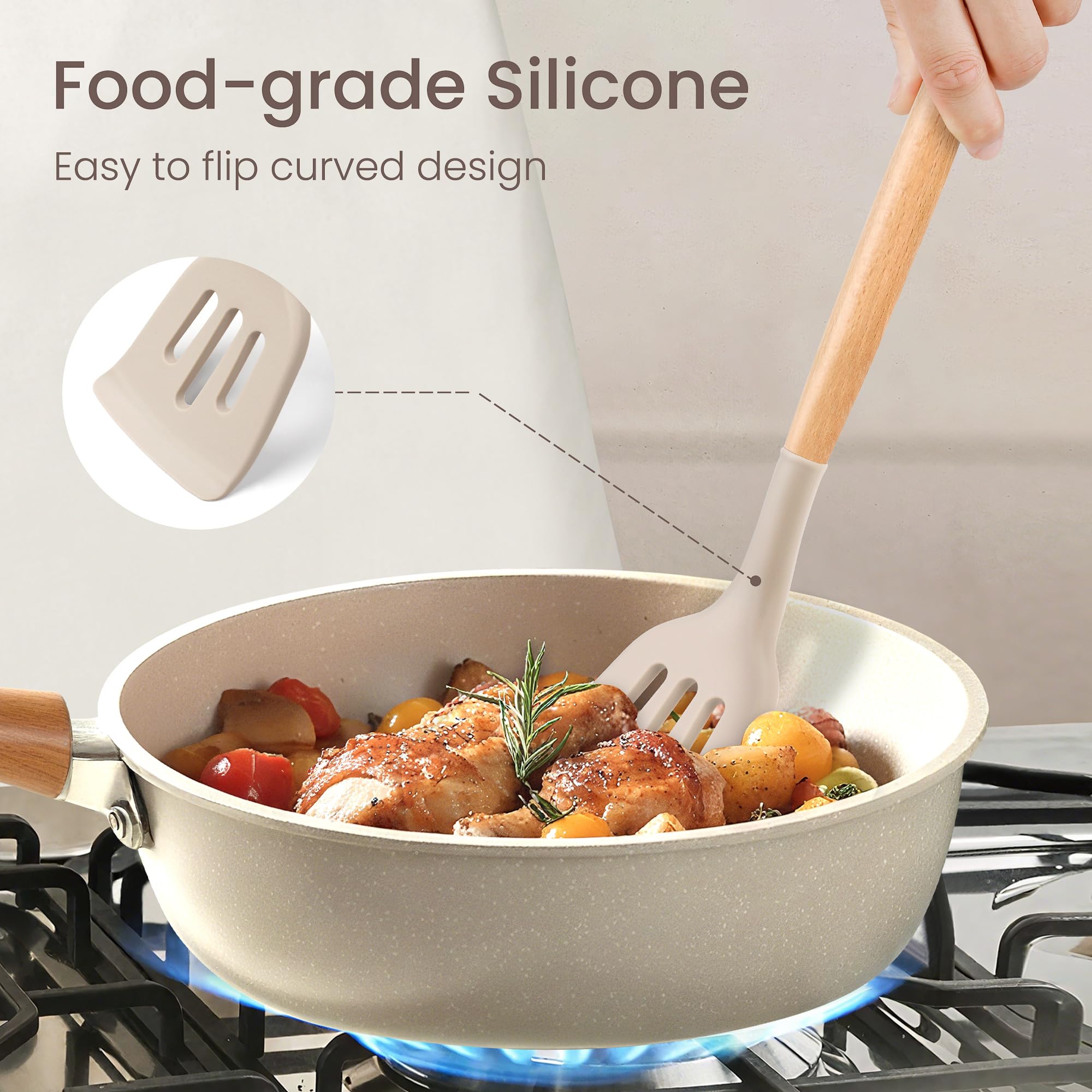 NCUE silicone tip protects non-stick pans from scratches.