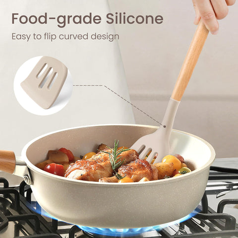 NCUE silicone tip protects non-stick pans from scratches.