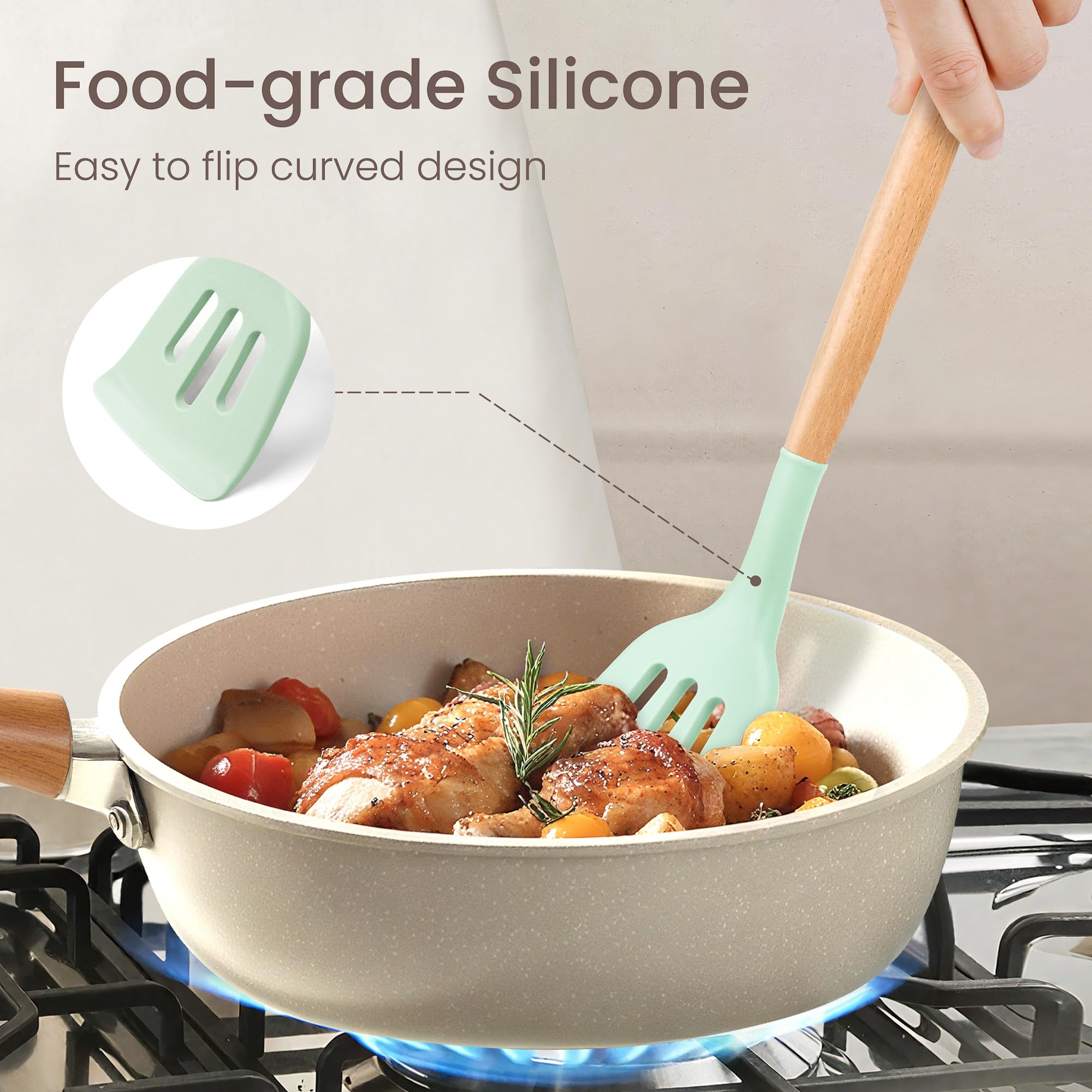 NCUE silicone tongs captured during use for flipping and turning safely