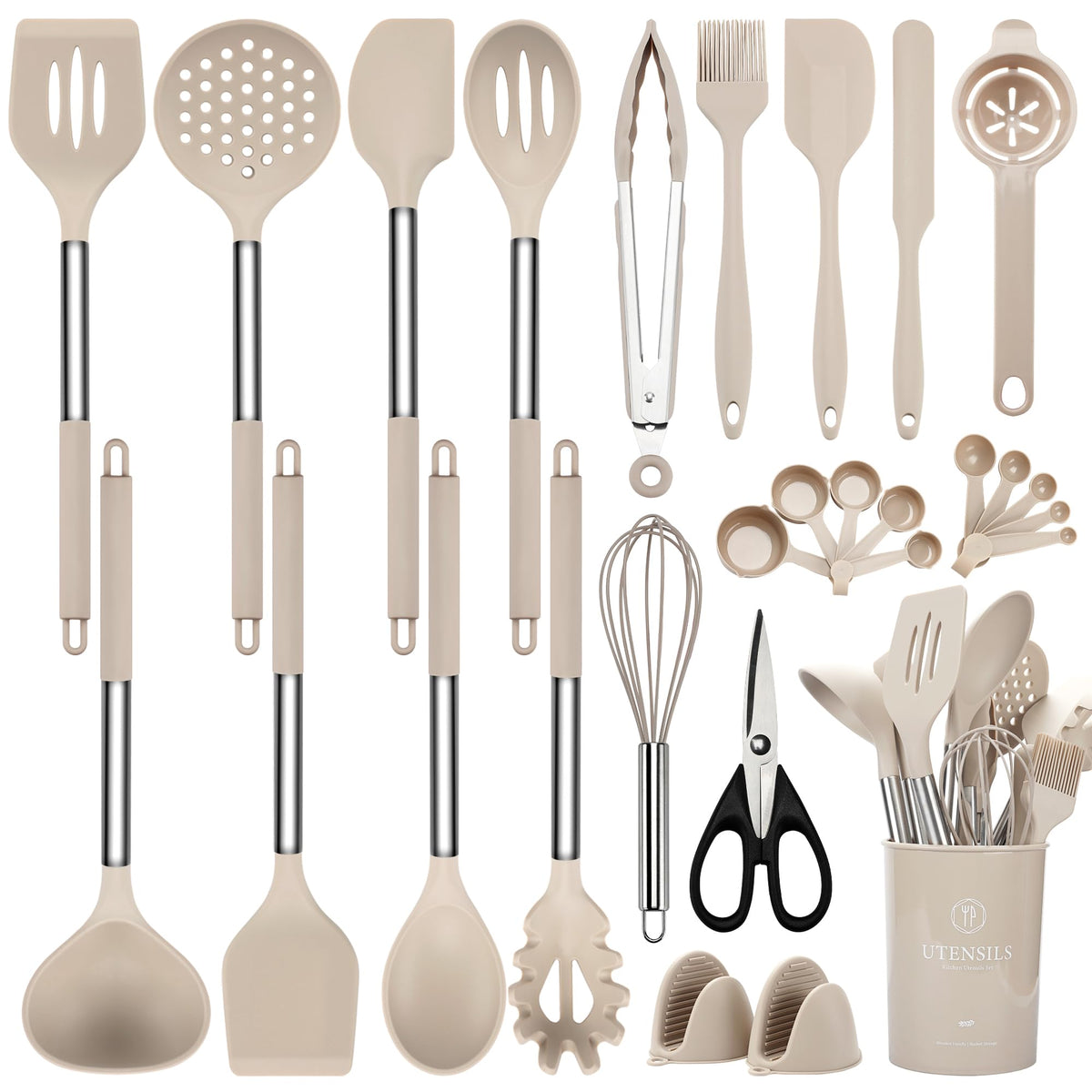 NCUE silicone utensils set shown for versatile cooking with nonstick pans