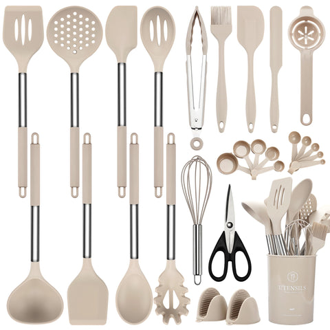 NCUE silicone utensils set shown for versatile cooking with nonstick pans