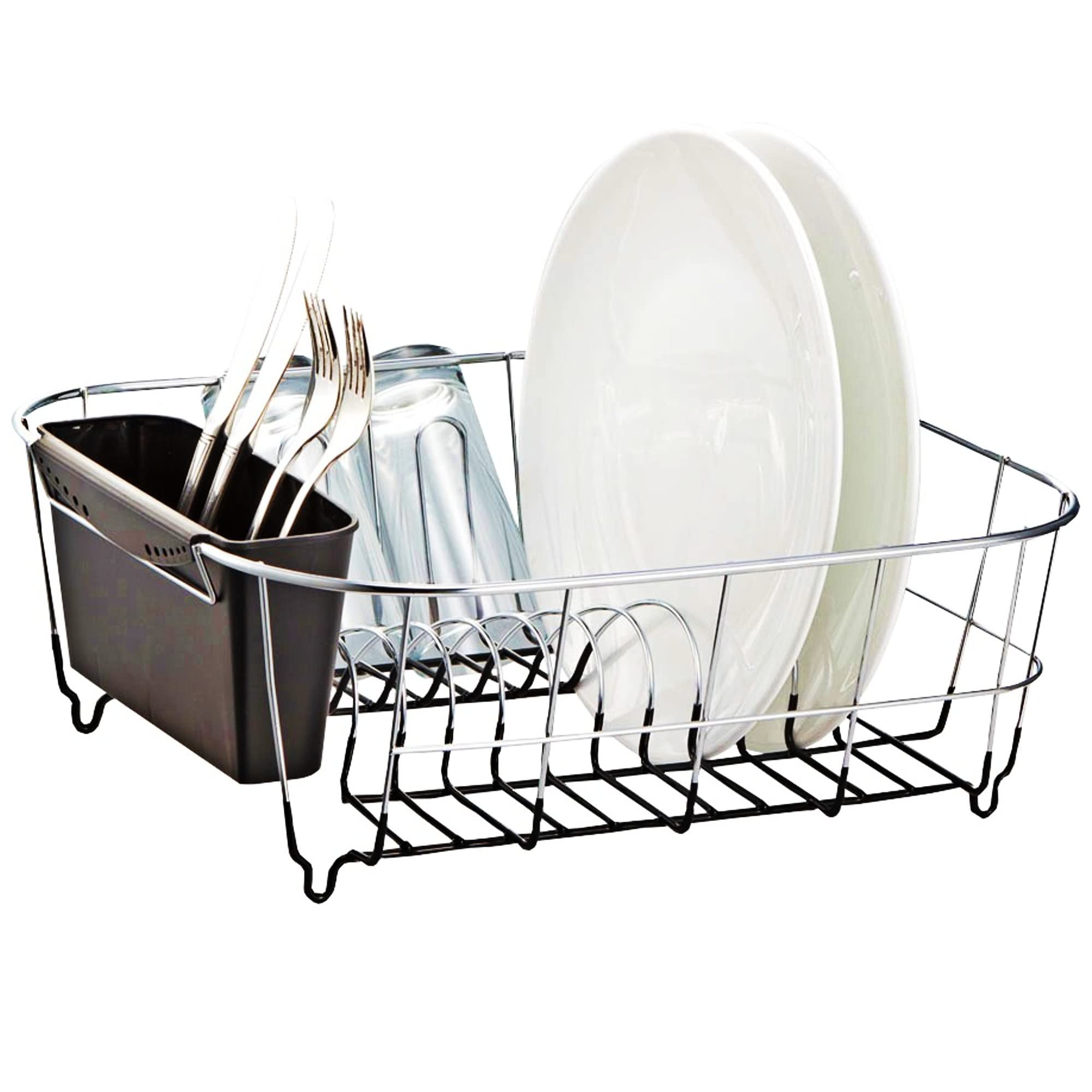 Neat-O Deluxe chrome dish drainer in black finish holds plates to air dry