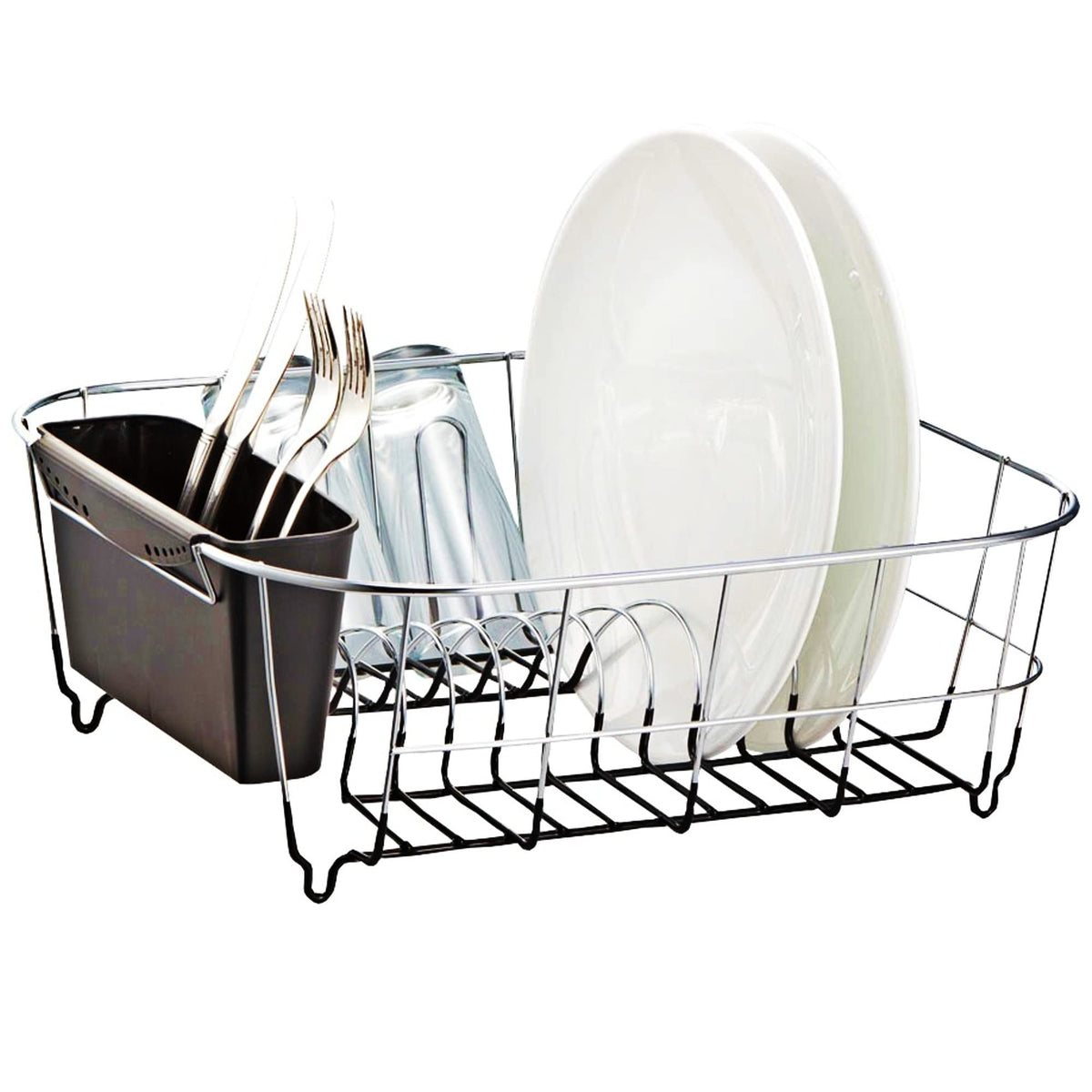 Neat-O Deluxe chrome dish drainer in black finish holds plates to air dry