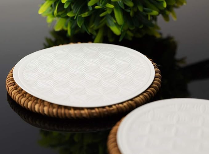 Necessia paper coasters included with the set for polished tabletop setup.