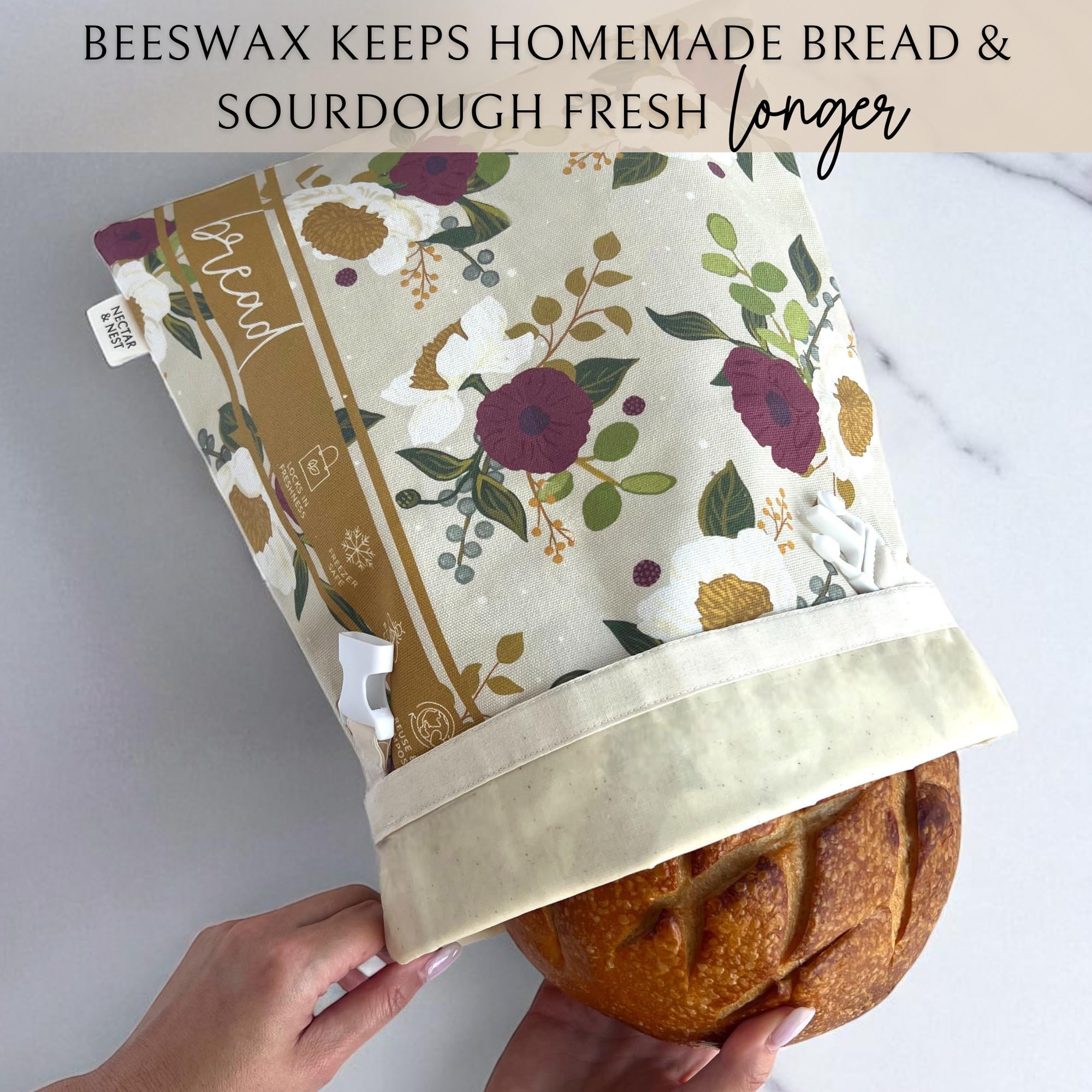 Nectar & Nest sourdough bag closeup shows beeswax coating for durable storage.