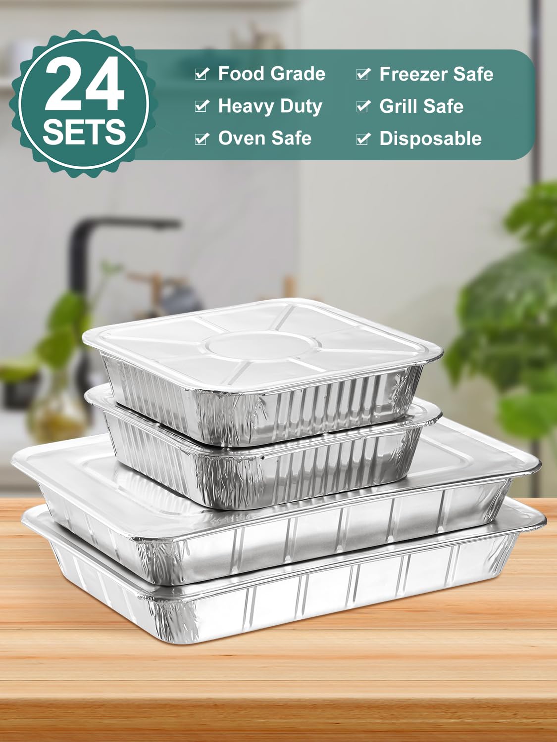 NEEBAKE disposable foil pans stacked for easy storage.