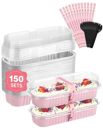 NEEBAKE pink mini loaf pans with lids for easy baking and storage.