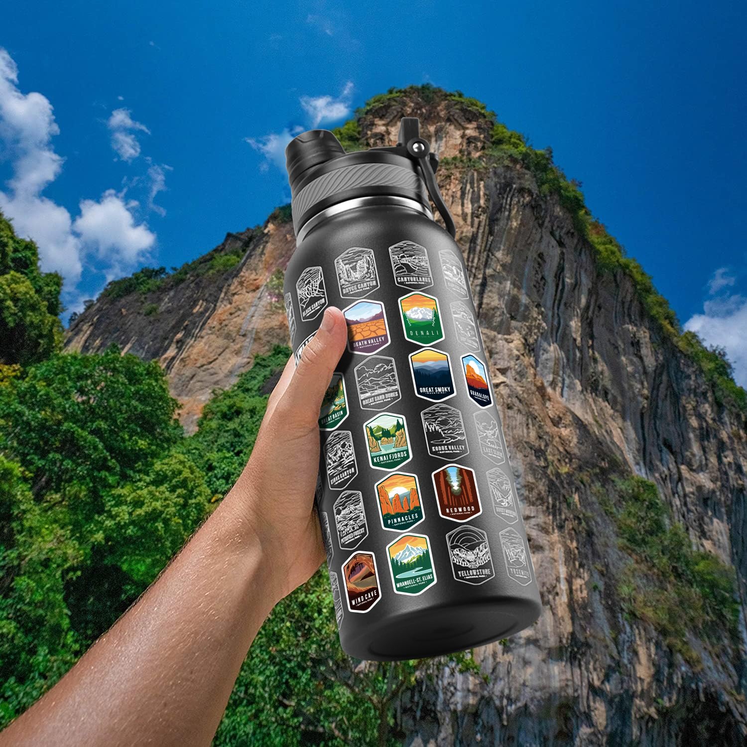 Nefeeko bottle in use during hiking, ready for park adventures.