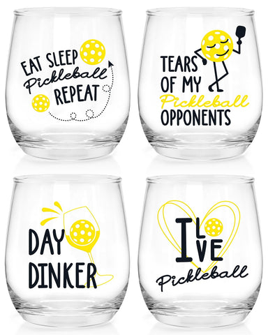 Nefelibata pickleball wine glass set; four stemless glasses for team celebrations.