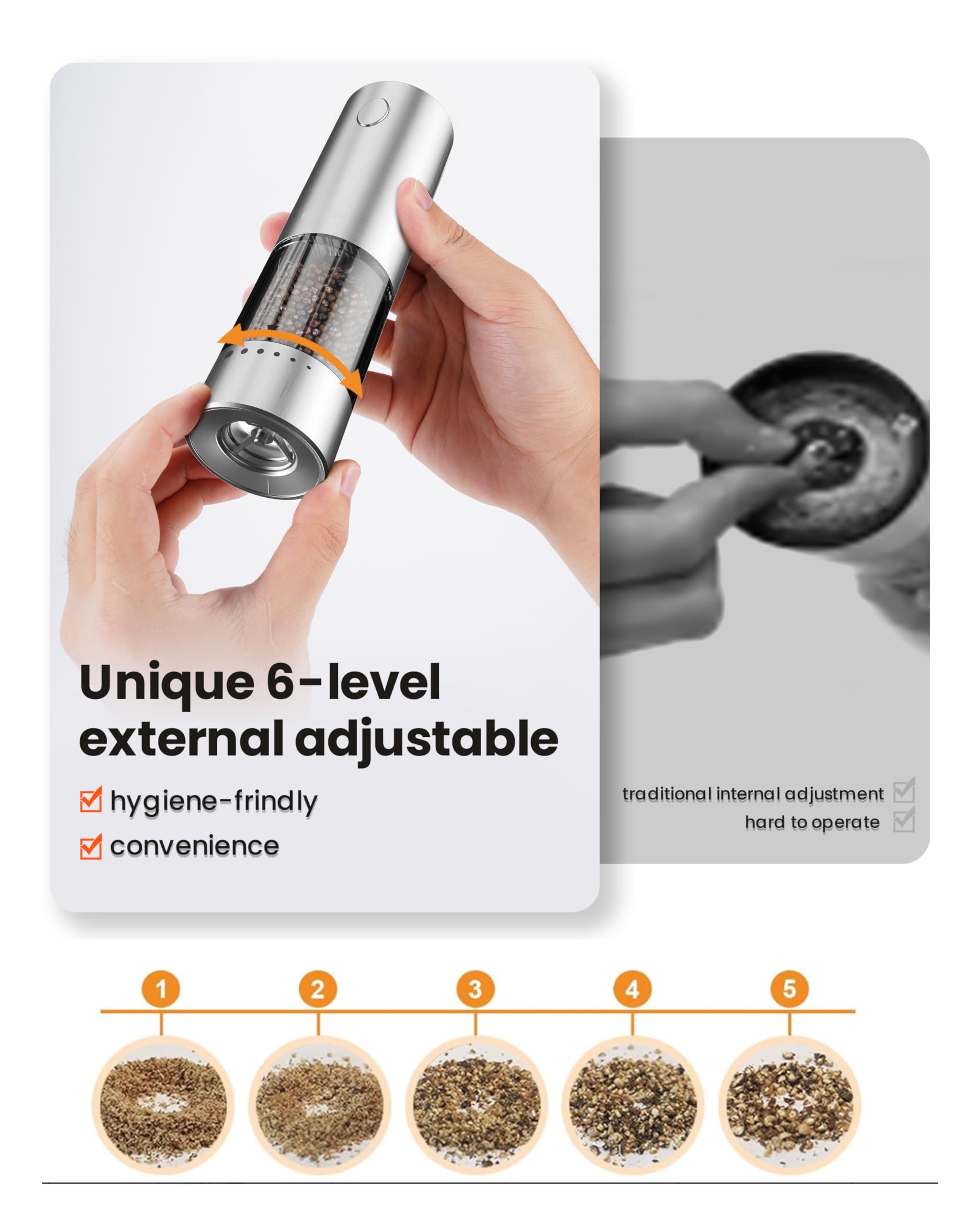 NEGESA LED-assisted grinding guides seasoning at table or stove.