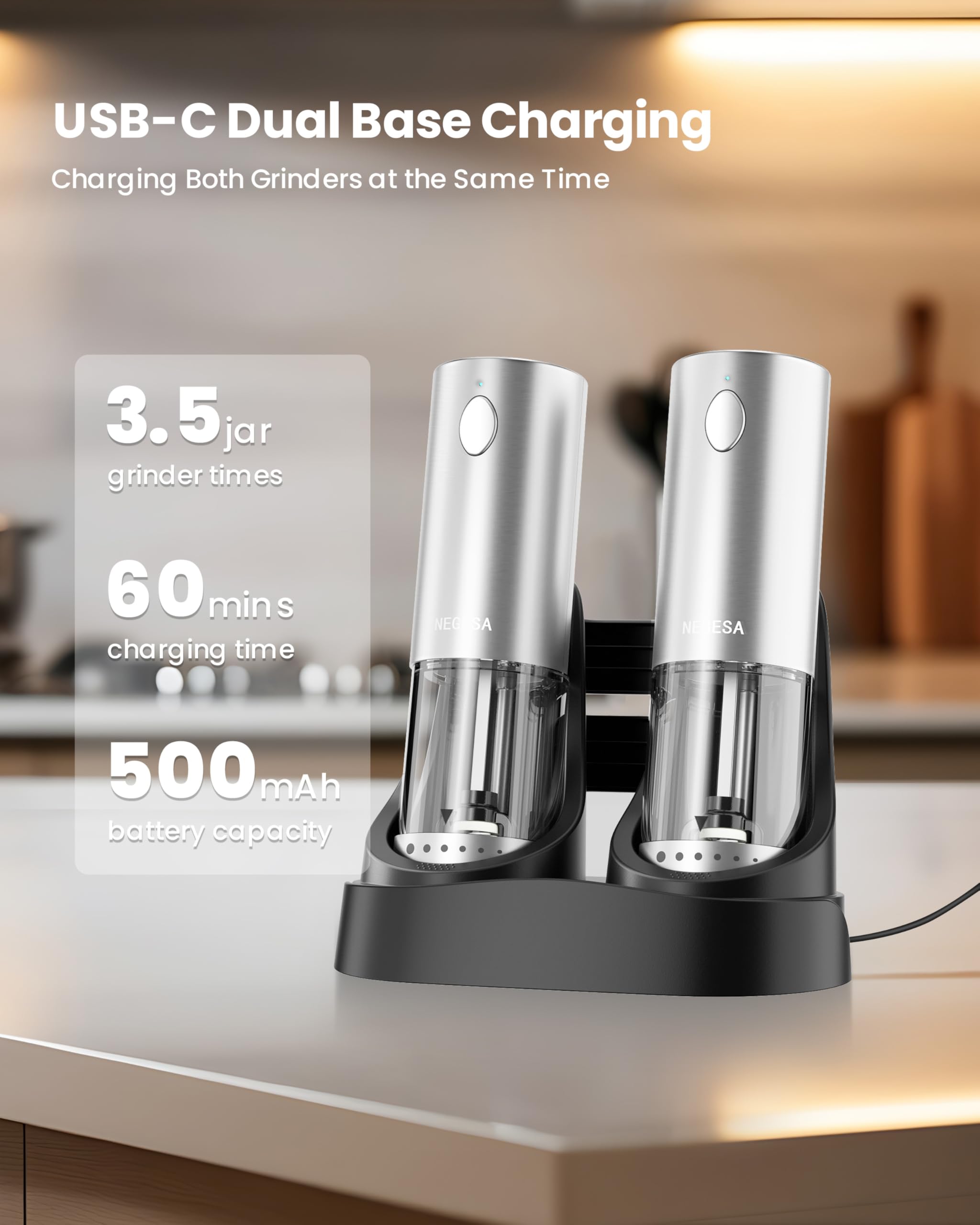 NEGESA salt grinder with LED light for easy visibility while grinding.