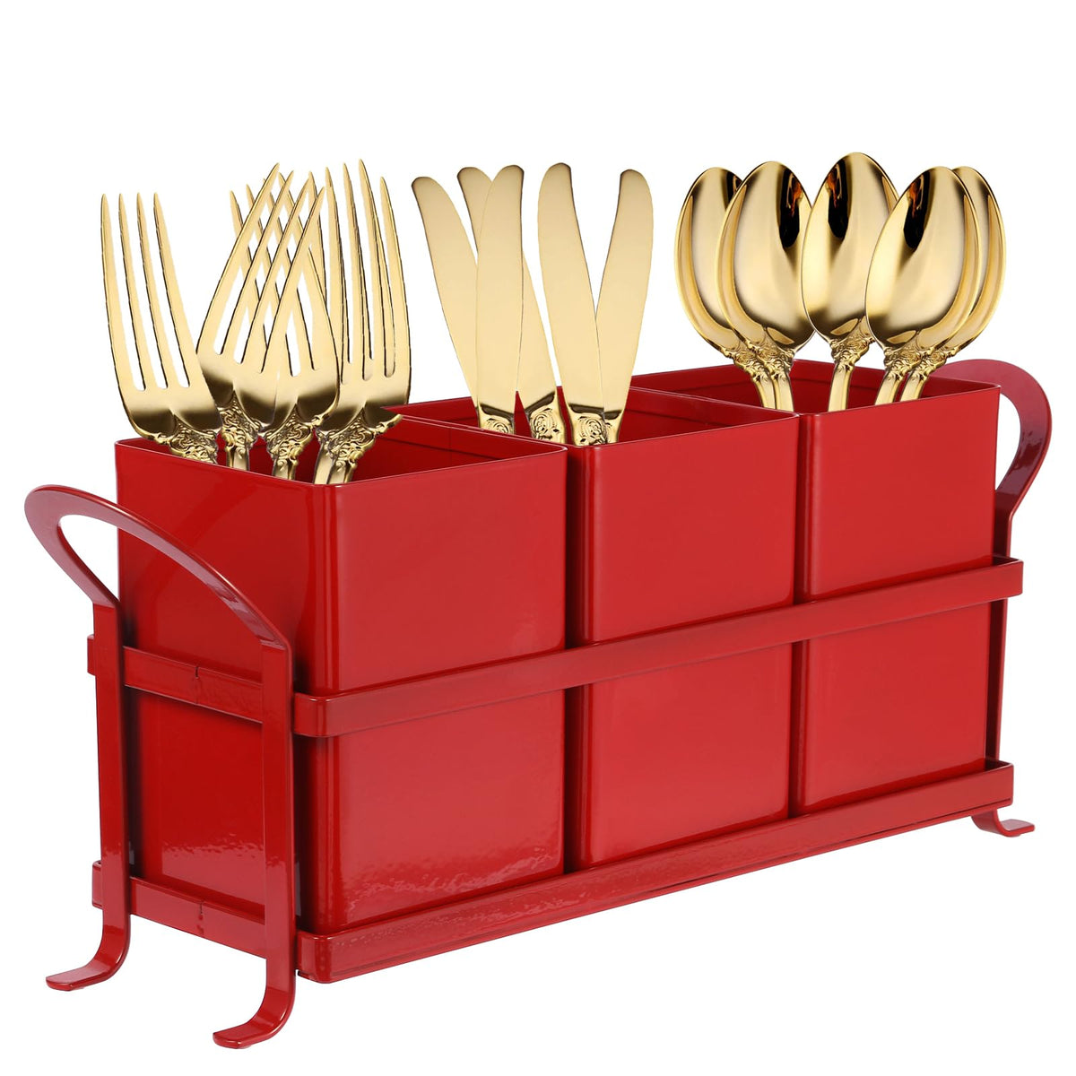 NelyBet red countertop utensil holder with three compartments for organized prep.