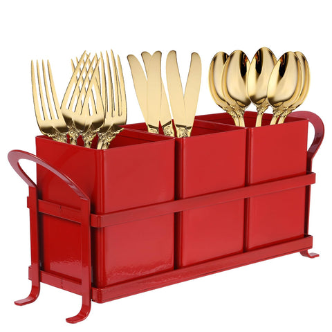 NelyBet red countertop utensil holder with three compartments for organized prep.