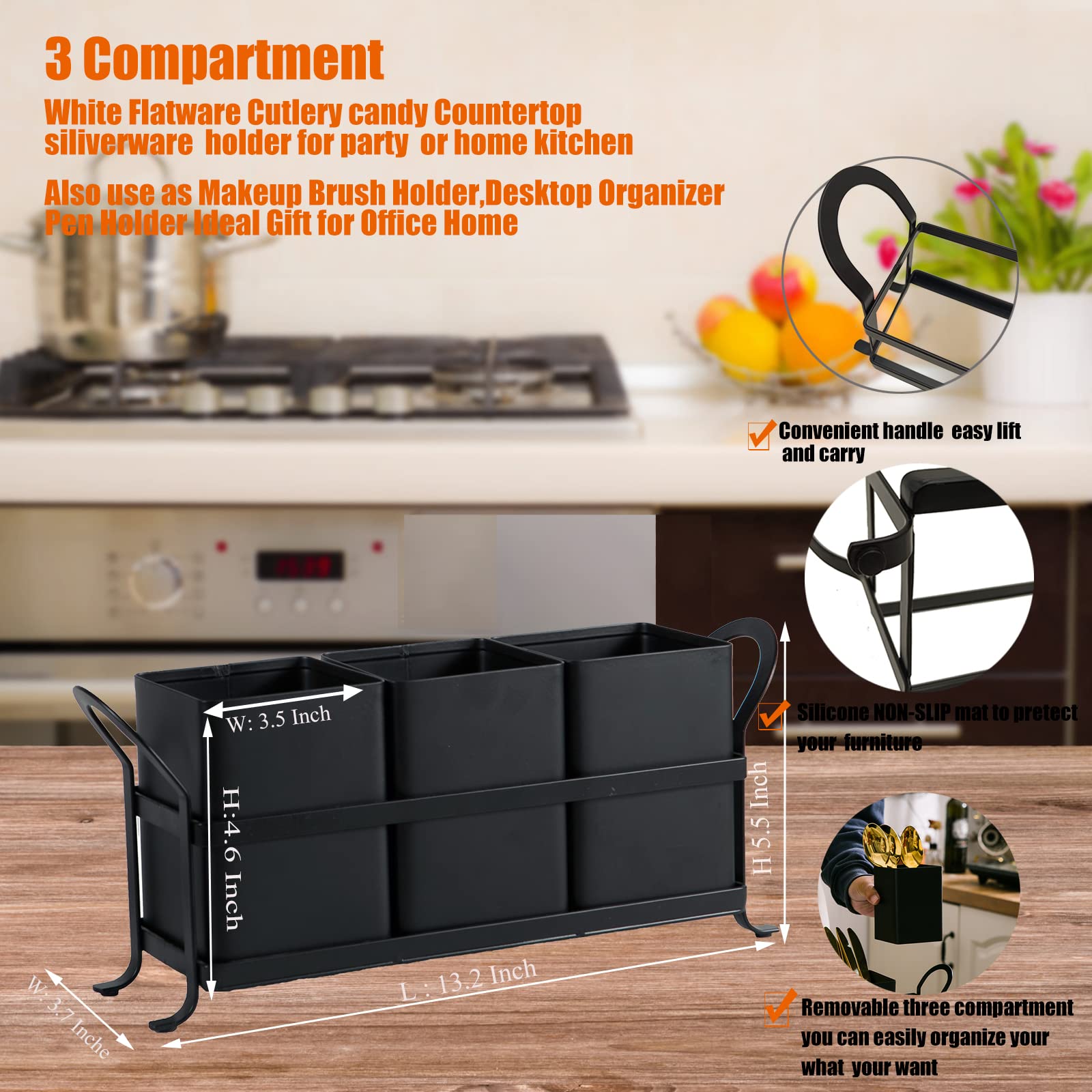 NelyBet flatware holder shows black metal handles for easy transport.