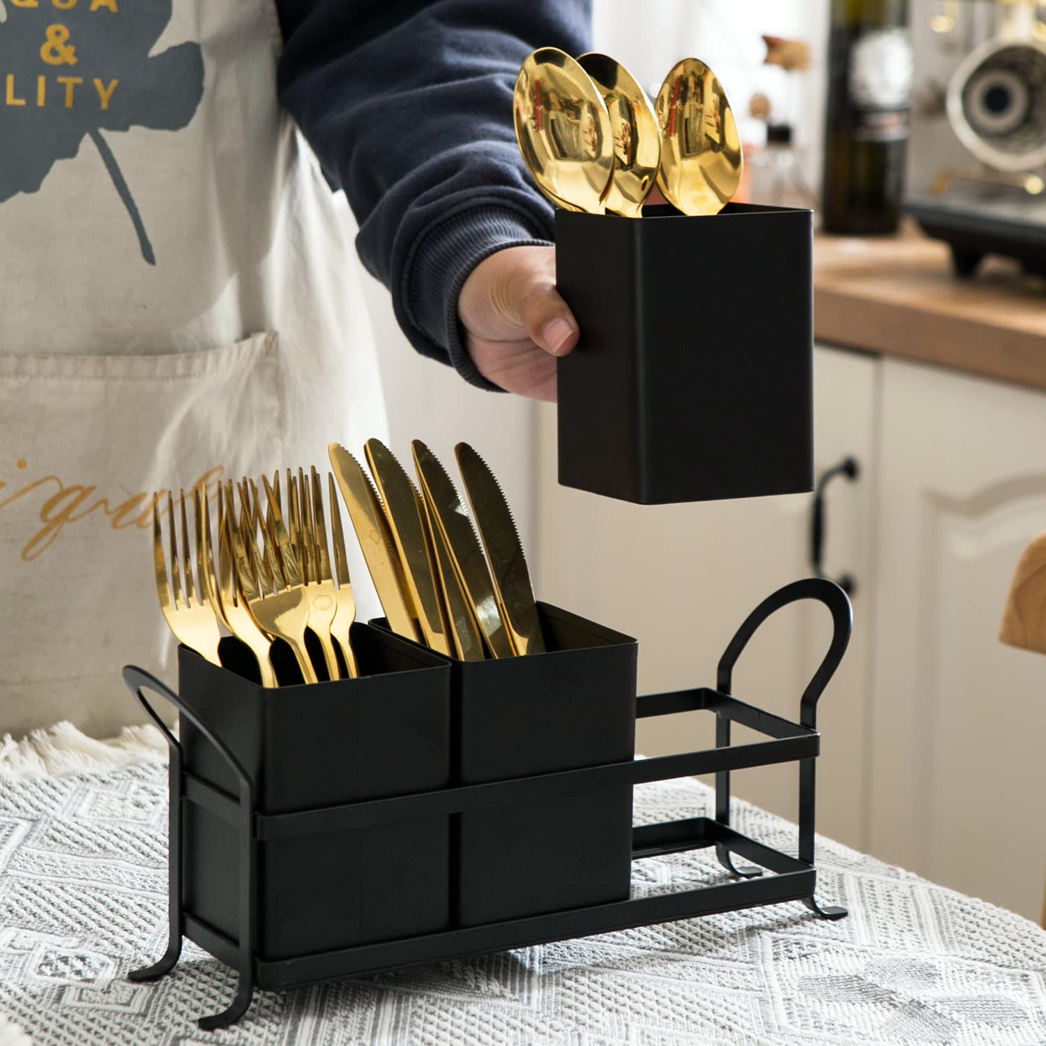 NelyBet flatware holder on a kitchen countertop adds a stylish touch.