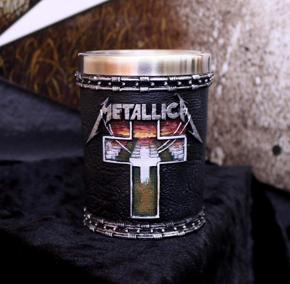 Nemesis Now Metallica Master of Puppets shot glass side detail shows resin texture