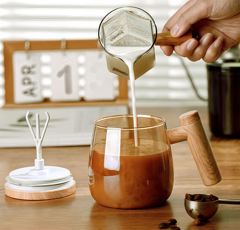 NeovaHome self-stirring mug amber handle adds Vintage Ember charm and practicality.
