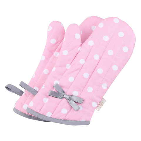 NEOVIVA polka dots oven mitts in pink with kid-friendly design and heat protection up to 450F