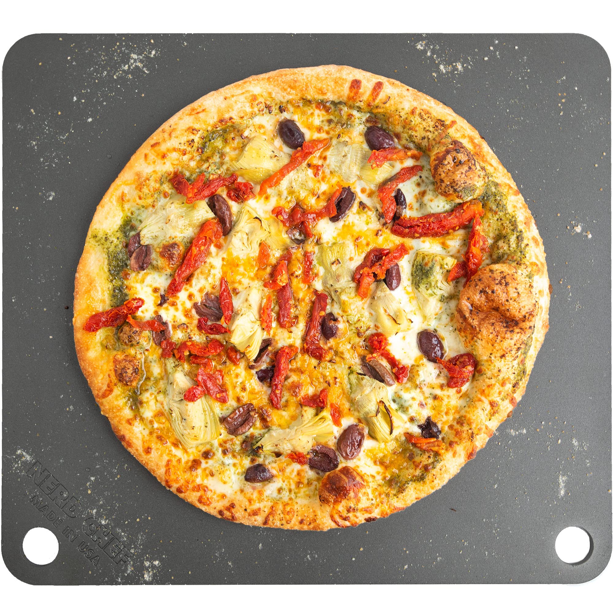NerdChef Steel Stone viewed from top shows rugged surface for crisp, blistered pizza crust.