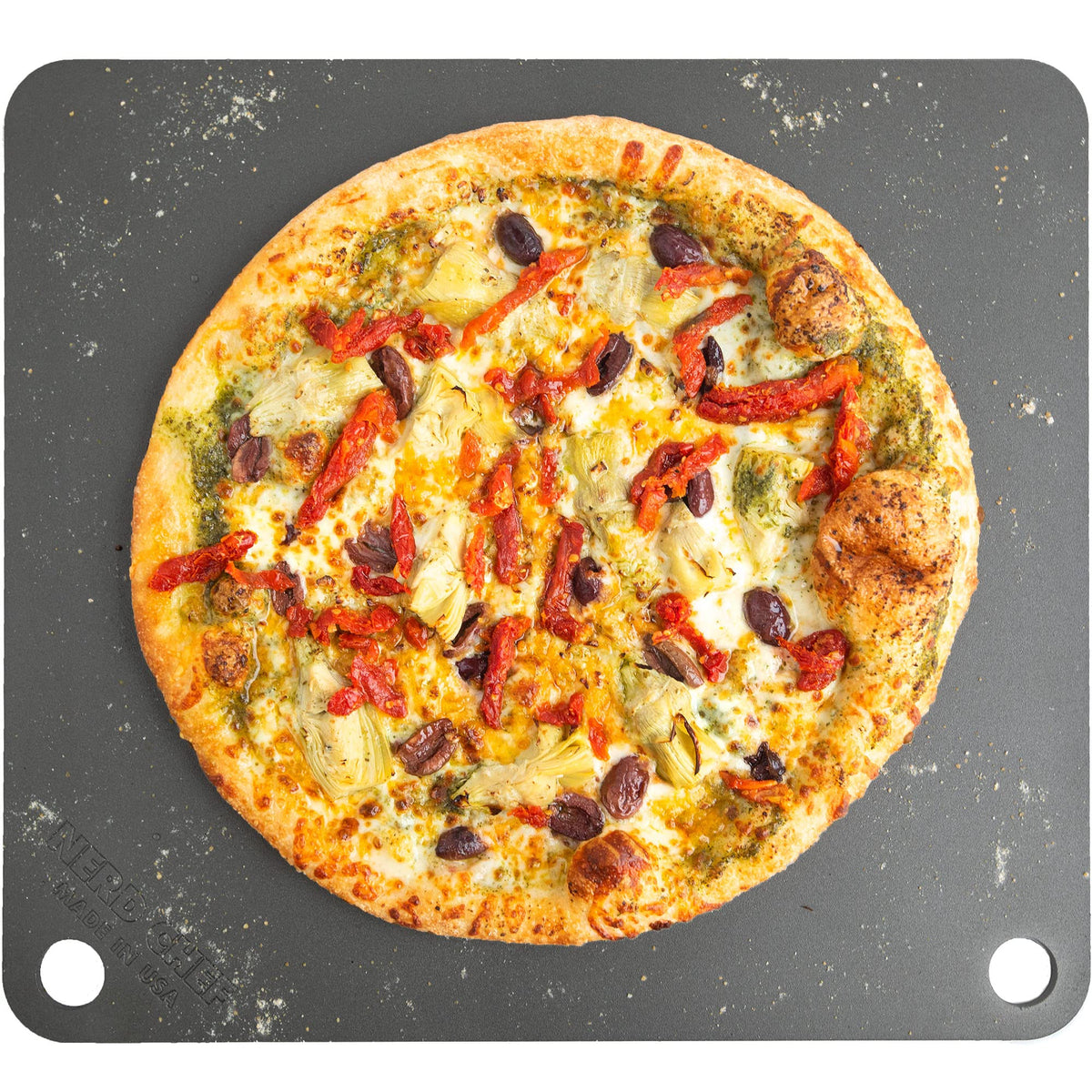 NerdChef Steel Stone viewed from top shows rugged surface for crisp, blistered pizza crust.