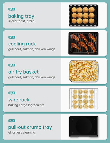 Crispy fries and wings achieved with 1500W rapid heat and circulating air.