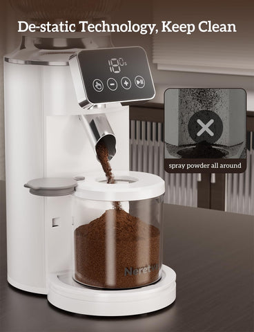 Neretva burr coffee grinder digital timer control enables precise timing.