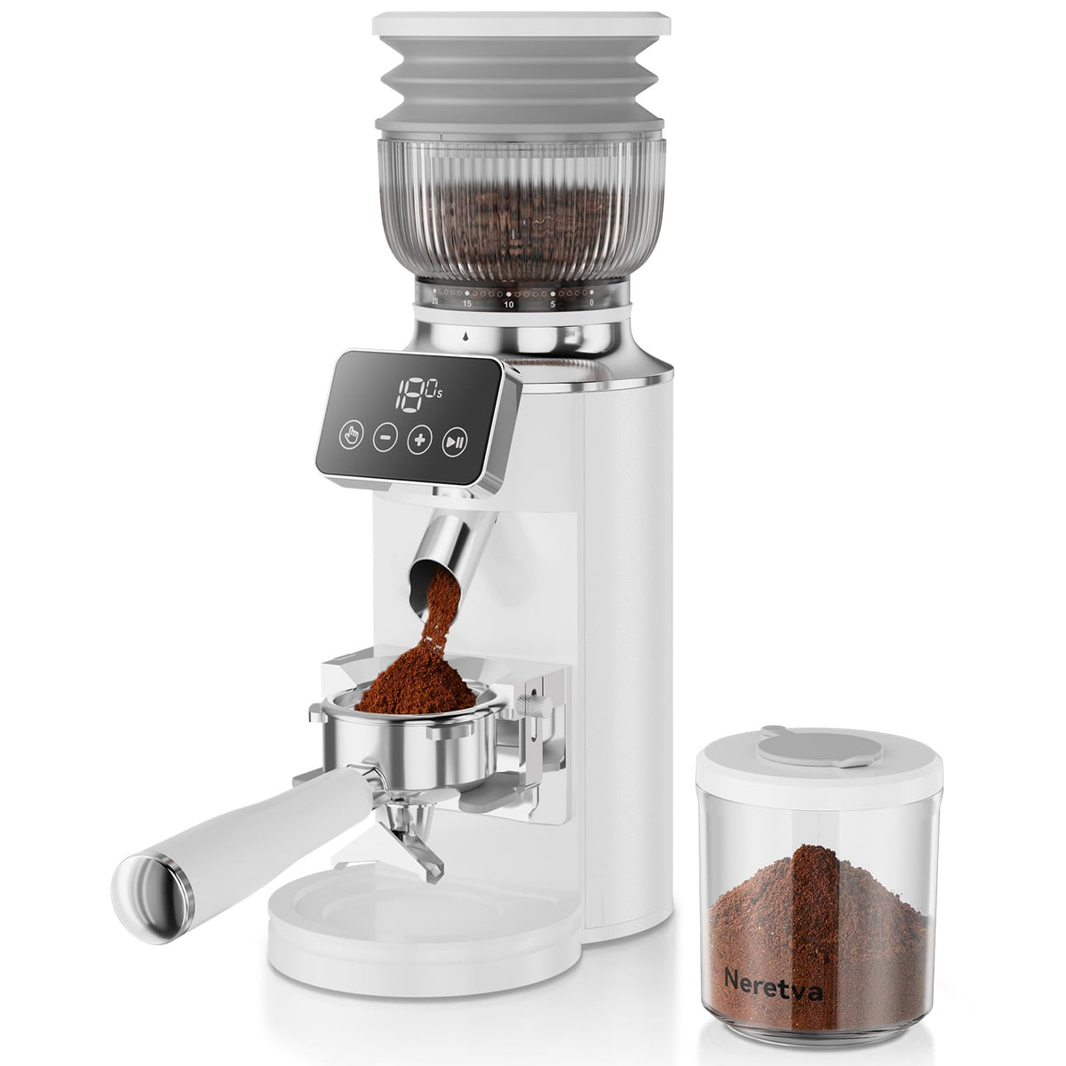 Neretva burr coffee grinder front view for precise espresso grinding.