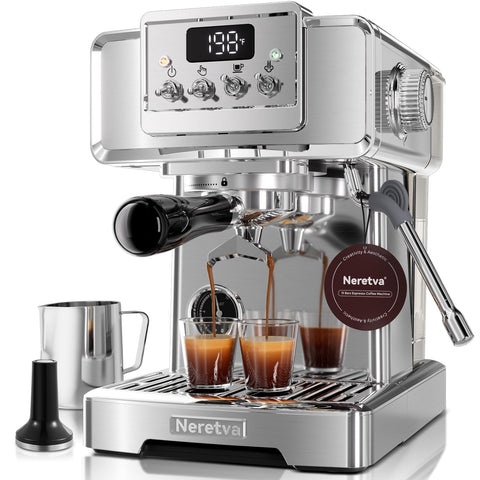 Neretva espresso machine front view highlights compact retro silver design for home use.