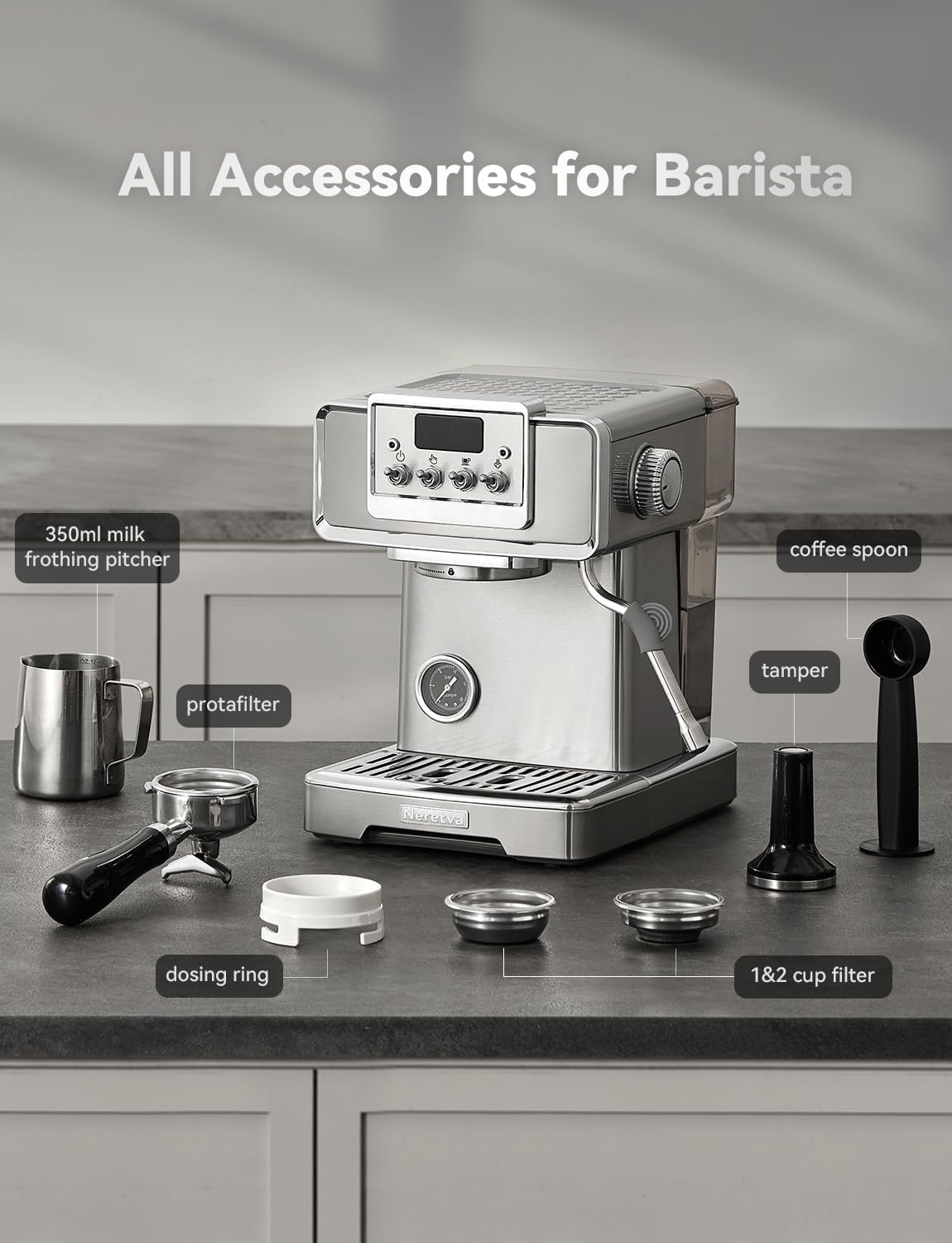 Neretva espresso machine included accessories kit with portafilter and pitcher.