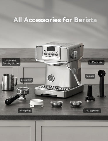 Neretva espresso machine included accessories kit with portafilter and pitcher.