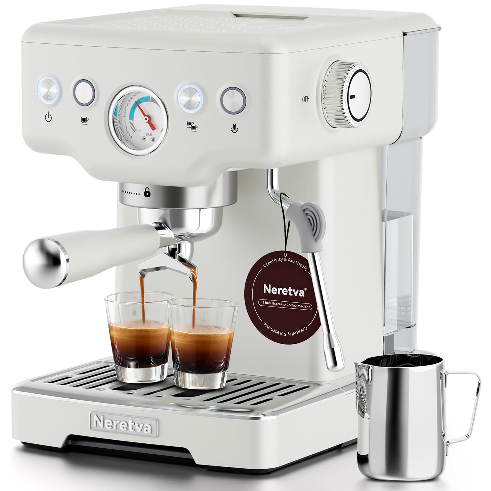 Neretva espresso machine with visible pressure gauge for precise extraction monitoring.