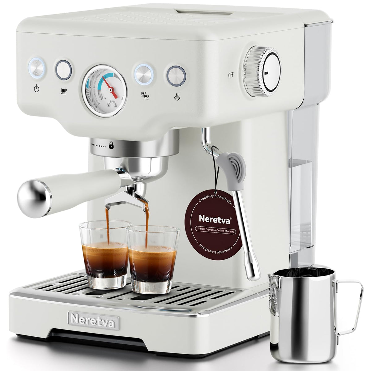 Neretva espresso machine with visible pressure gauge for precise extraction monitoring.