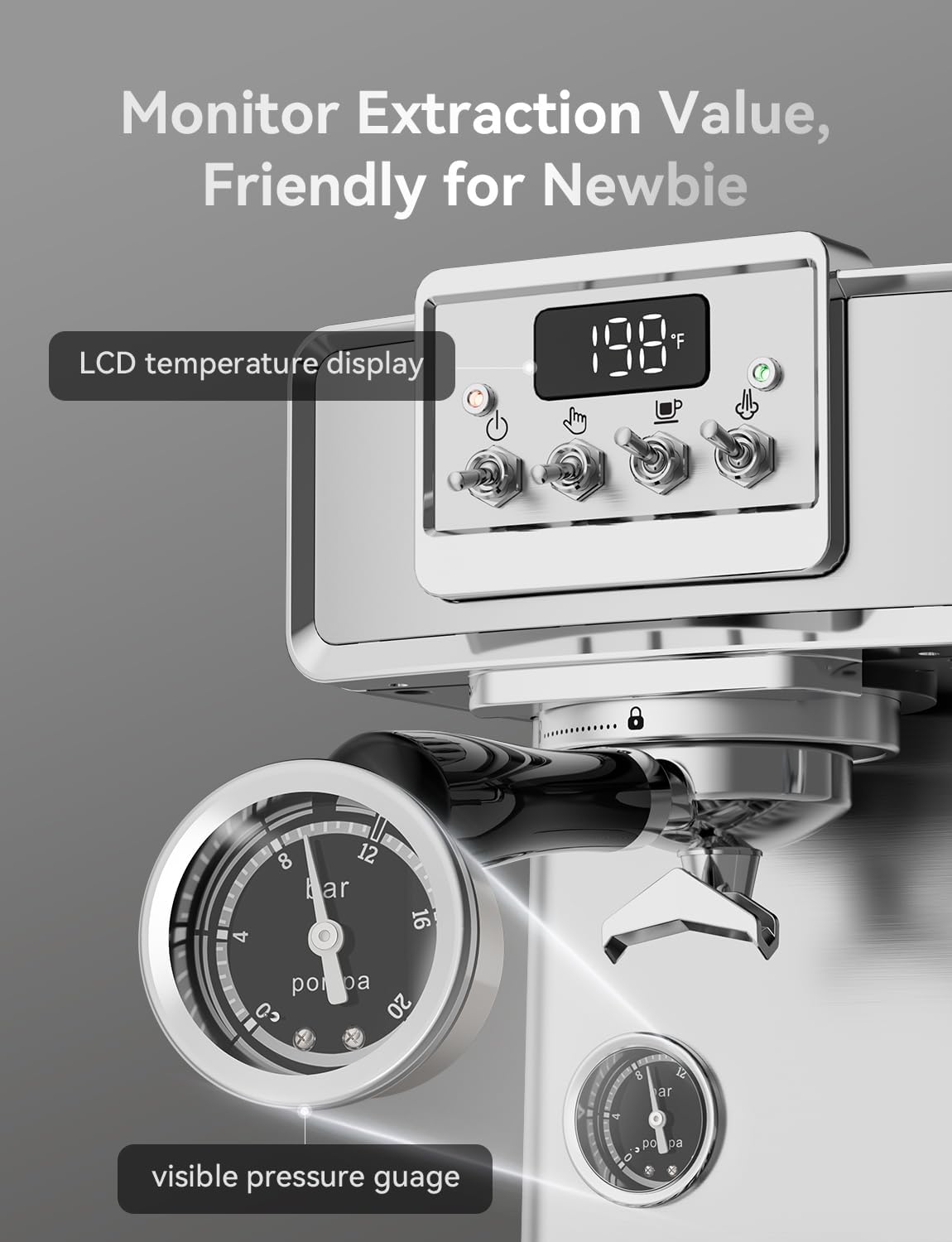 Neretva espresso machine visible pressure gauge provides brewing feedback.