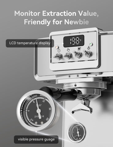 Neretva espresso machine visible pressure gauge provides brewing feedback.