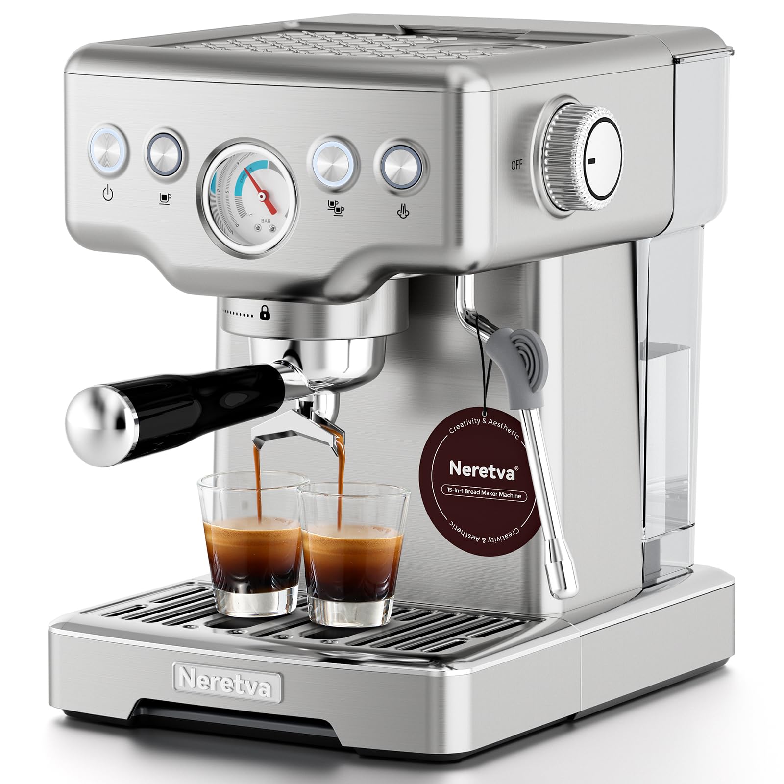 Neretva Espresso Machine with visible pressure gauge guides precise brewing for custom flavors.