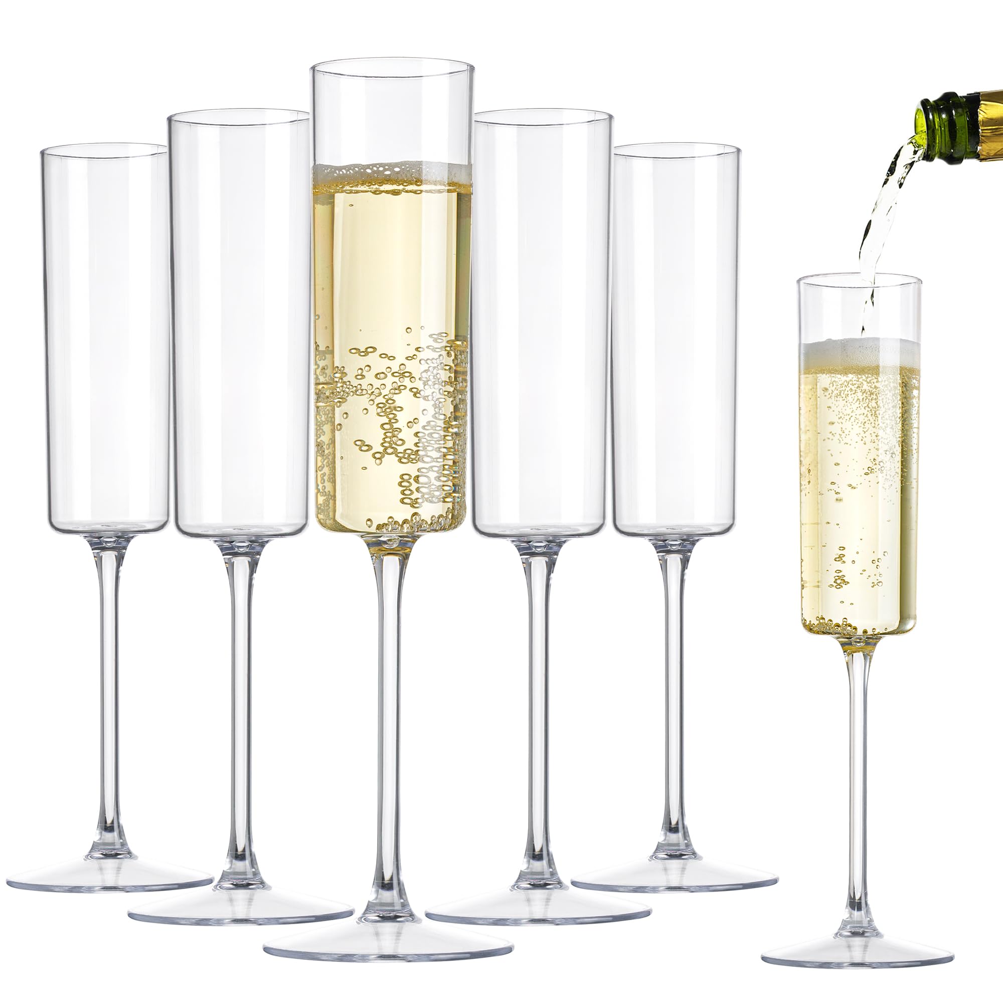 Nervure 24-pack square plastic champagne flutes offering clear 6oz capacity for easy outdoor celebrations.